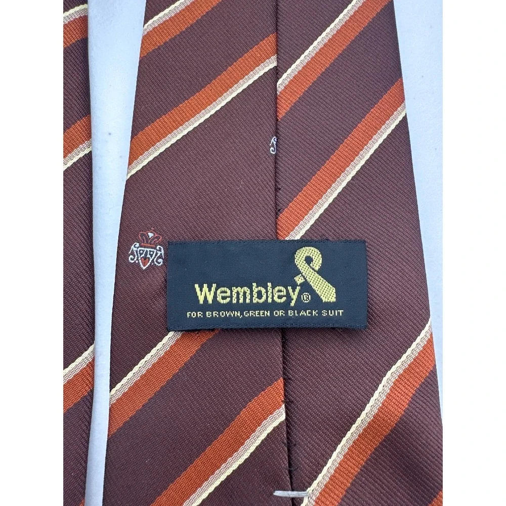 Wembley Mens Vintage Striped Crest Necktie Brown Orange‎ Wide Silk Blend Tie